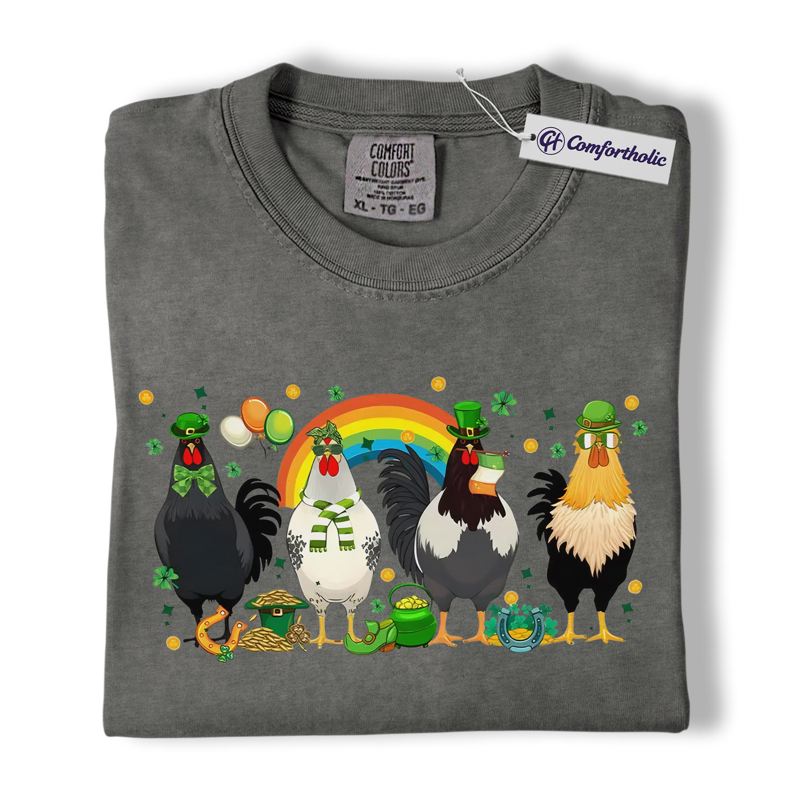 St Patrick’s Day Chicken Shirt, Funny Farm Animal Rooster Graphic Tee, Lucky Shamrock Rainbow T-Shirt, St Patricks Day Gift for Chicken Lovers, Comfort Colors Shirt - Image 4