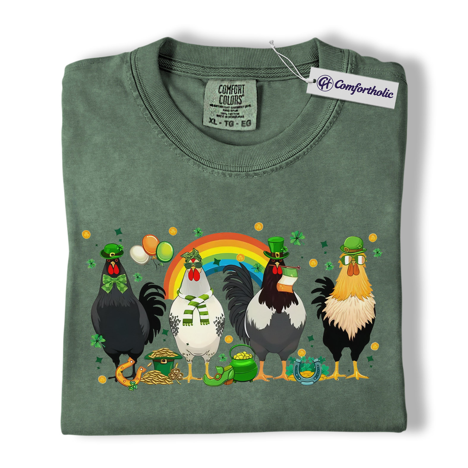 St Patrick’s Day Chicken Shirt, Funny Farm Animal Rooster Graphic Tee, Lucky Shamrock Rainbow T-Shirt, St Patricks Day Gift for Chicken Lovers, Comfort Colors Shirt - Image 5