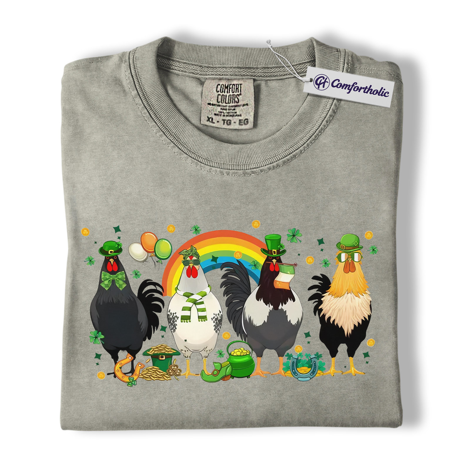 St Patrick’s Day Chicken Shirt, Funny Farm Animal Rooster Graphic Tee, Lucky Shamrock Rainbow T-Shirt, St Patricks Day Gift for Chicken Lovers, Comfort Colors Shirt - Image 6