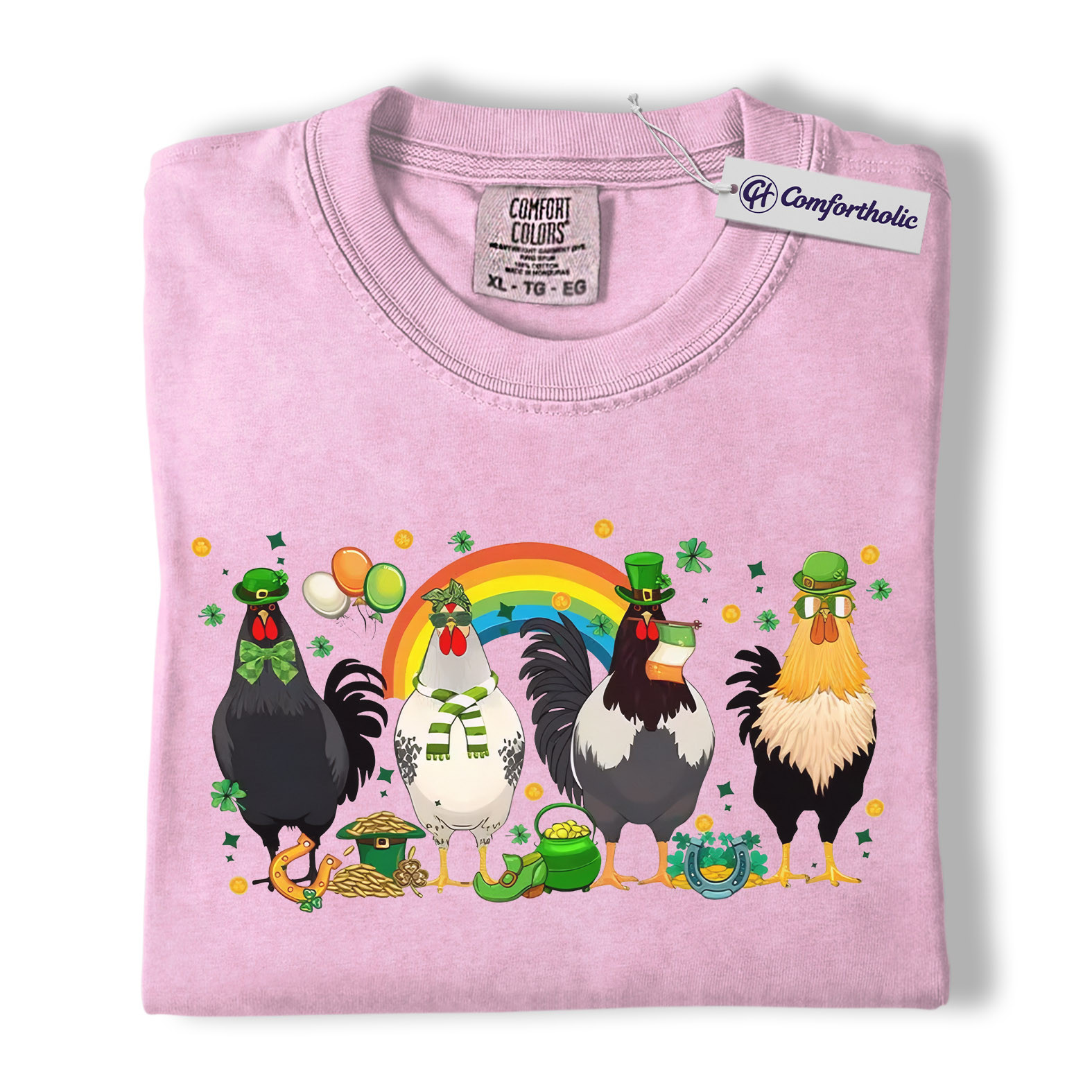 St Patrick’s Day Chicken Shirt, Funny Farm Animal Rooster Graphic Tee, Lucky Shamrock Rainbow T-Shirt, St Patricks Day Gift for Chicken Lovers, Comfort Colors Shirt - Image 8