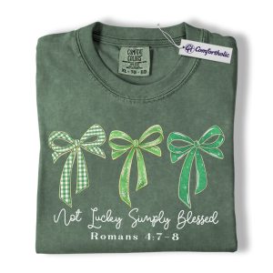 Not Lucky Simply Blessed Shirt, St Patricks Day Christian Graphic Tee, Romans 4:7-8 Bible Verse T-Shirt, Gift for Christians & Church Women, Comfort Colors Shirt