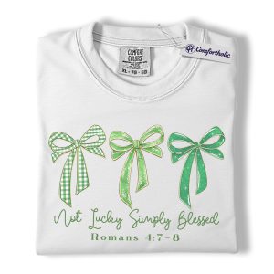 Alternative view of Not Lucky Simply Blessed Shirt, St Patricks Day Christian Graphic Tee, Romans 4:7-8 Bible Verse T-Shirt, Gift for Christians & Church Women, Comfort Colors Shirt