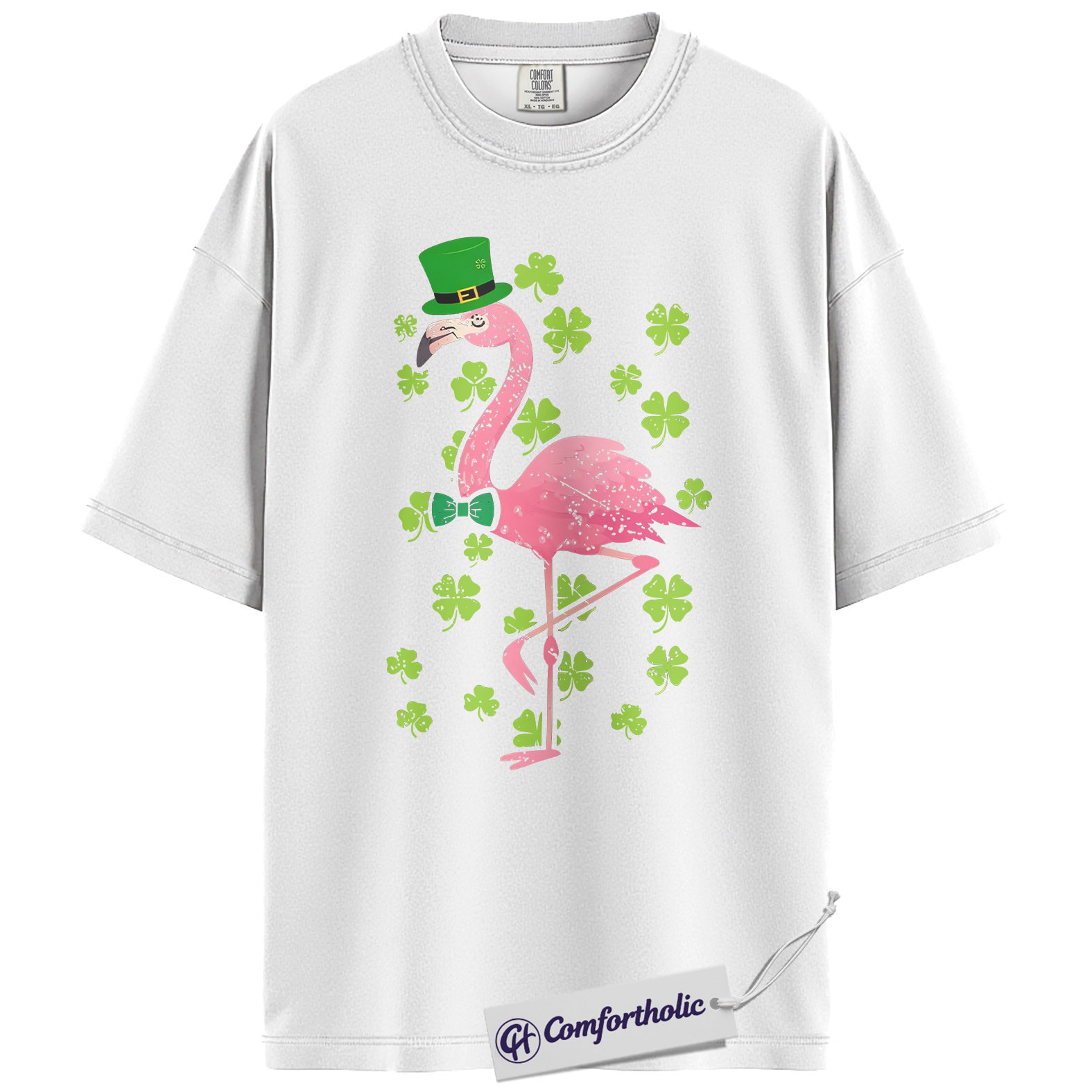 St Patricks Flamingo Shirt, Funny Shamrock Flamingo Graphic Tee, St Patrick’s Day Party T-Shirt, Gift for Women & Animal Lovers, Comfort Colors Shirt - Image 2