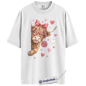 Alternative view of Valentine Highland Cow Shirt, Cute Farm Animal Graphic Tee, Cow Lover Valentine T-Shirt, Valentine’s Day Gift, Comfort Colors Shirt