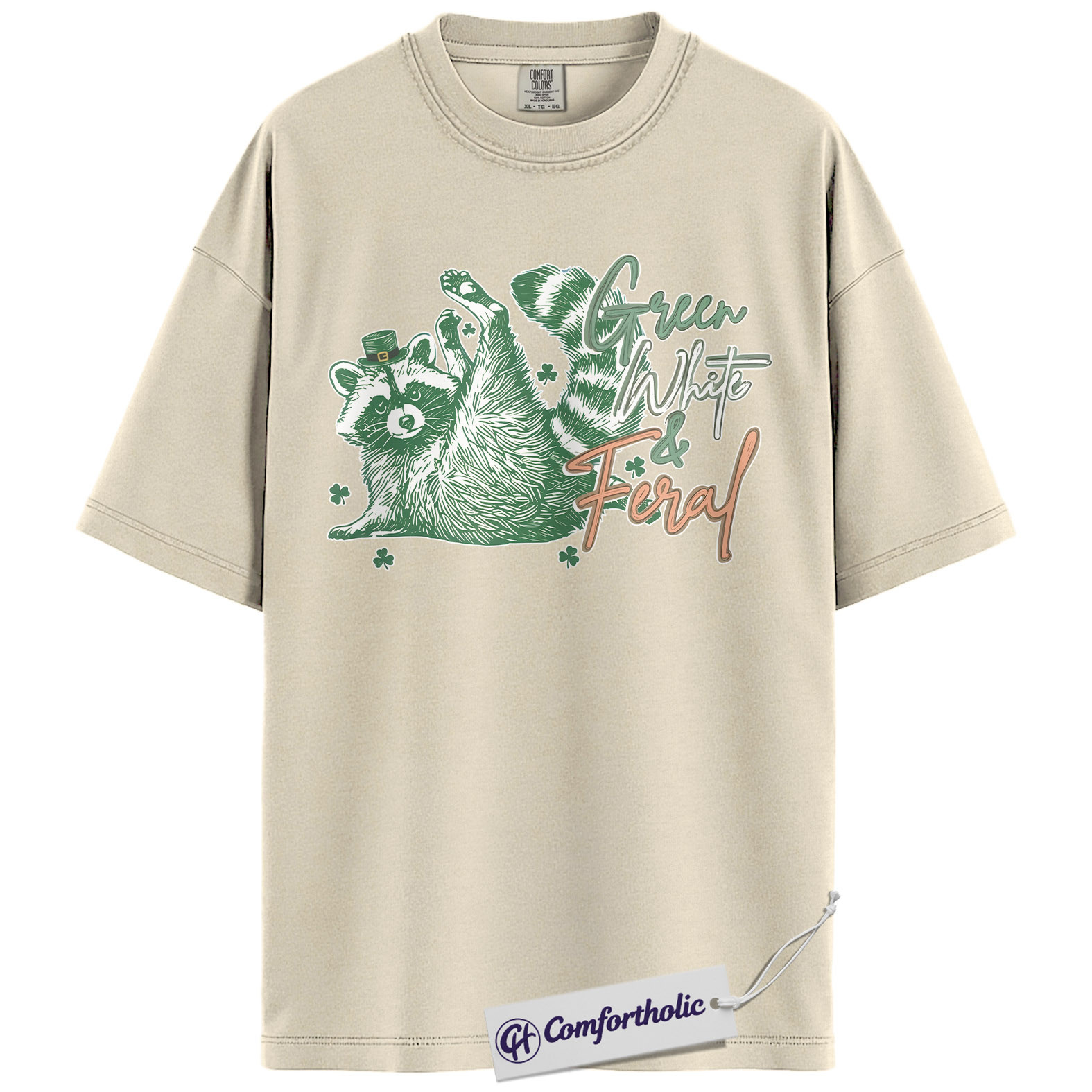 Green White & Feral Raccoon Shirt, Funny St Patrick’s Day Graphic Tee, Irish Raccoon Lover T-Shirt, St Paddy’s Day Gift for Animal Lovers, Comfort Colors Shirt