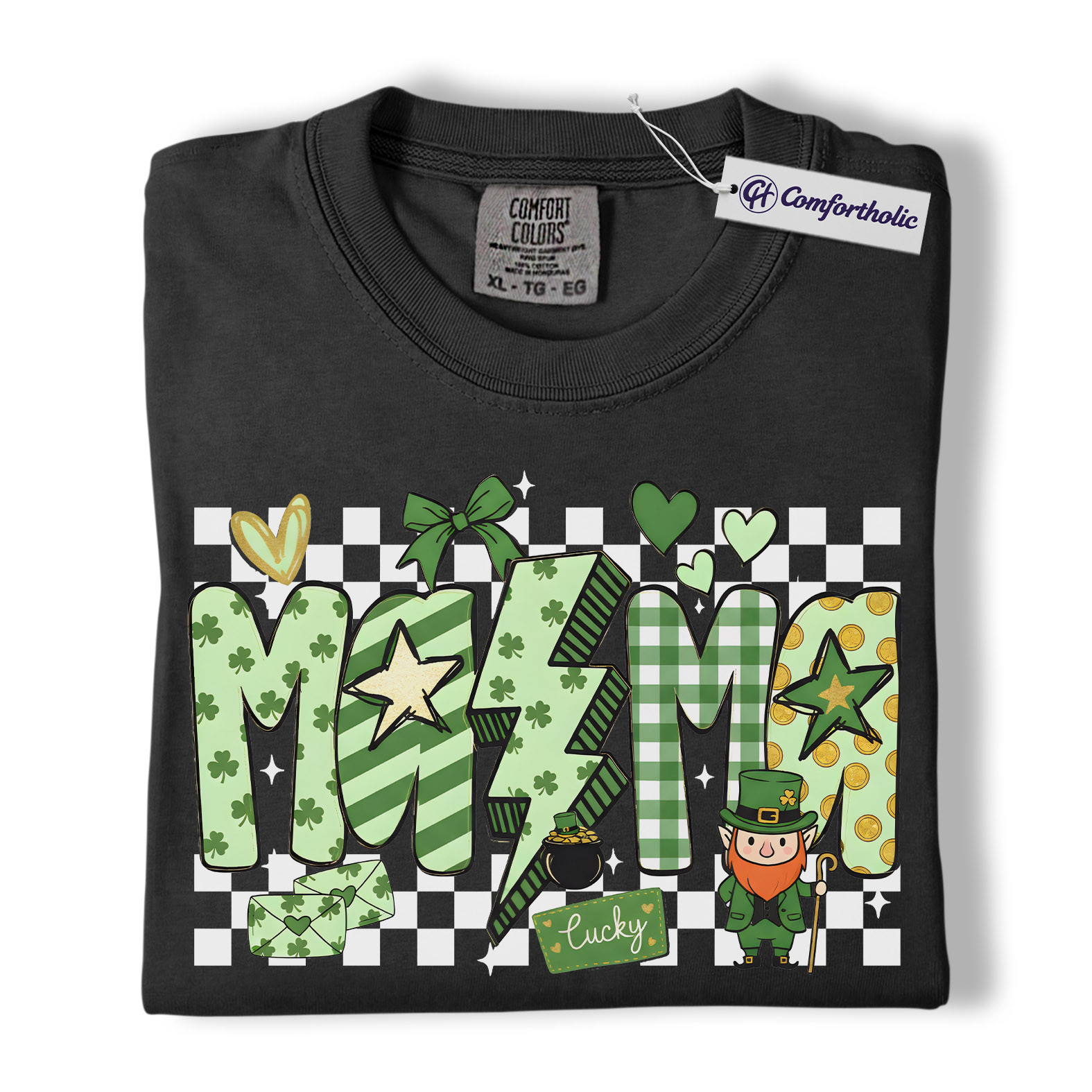 St Patrick’s Day Mama Shirt, Cute Checkered Shamrock Graphic Tee, Lucky Irish Mom T-Shirt, St Paddy’s Day Gift for Mom, Comfort Colors Shirt - Image 3
