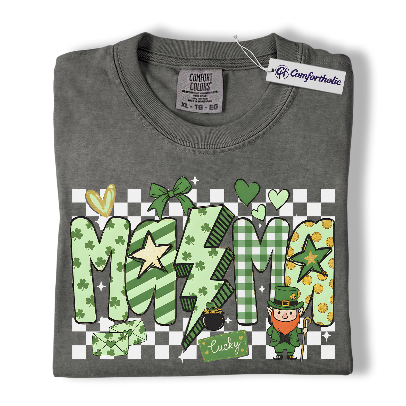 St Patrick’s Day Mama Shirt, Cute Checkered Shamrock Graphic Tee, Lucky Irish Mom T-Shirt, St Paddy’s Day Gift for Mom, Comfort Colors Shirt - Image 4
