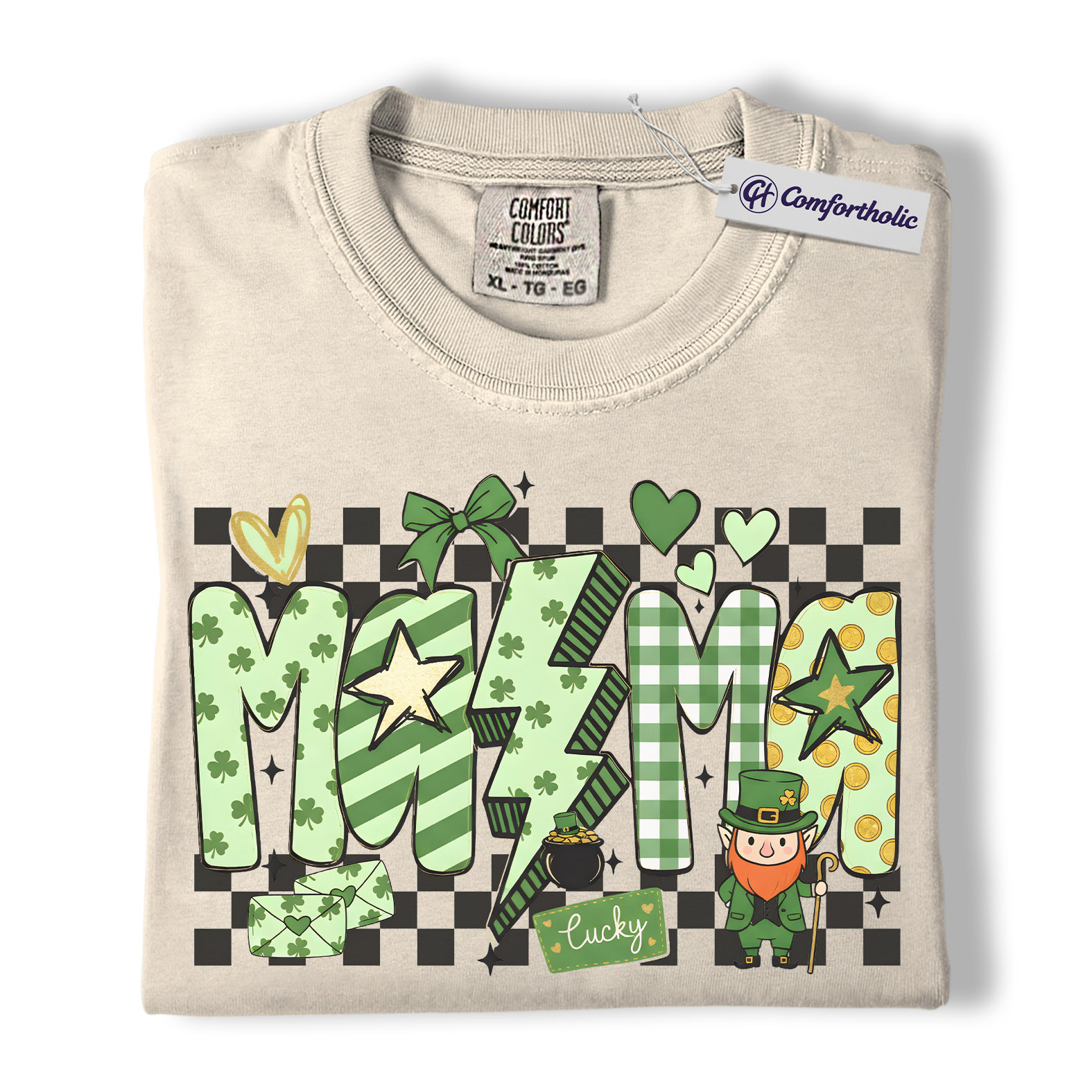St Patrick’s Day Mama Shirt, Cute Checkered Shamrock Graphic Tee, Lucky Irish Mom T-Shirt, St Paddy’s Day Gift for Mom, Comfort Colors Shirt