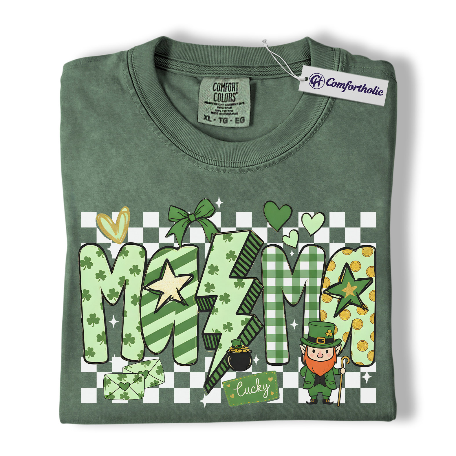 St Patrick’s Day Mama Shirt, Cute Checkered Shamrock Graphic Tee, Lucky Irish Mom T-Shirt, St Paddy’s Day Gift for Mom, Comfort Colors Shirt - Image 5