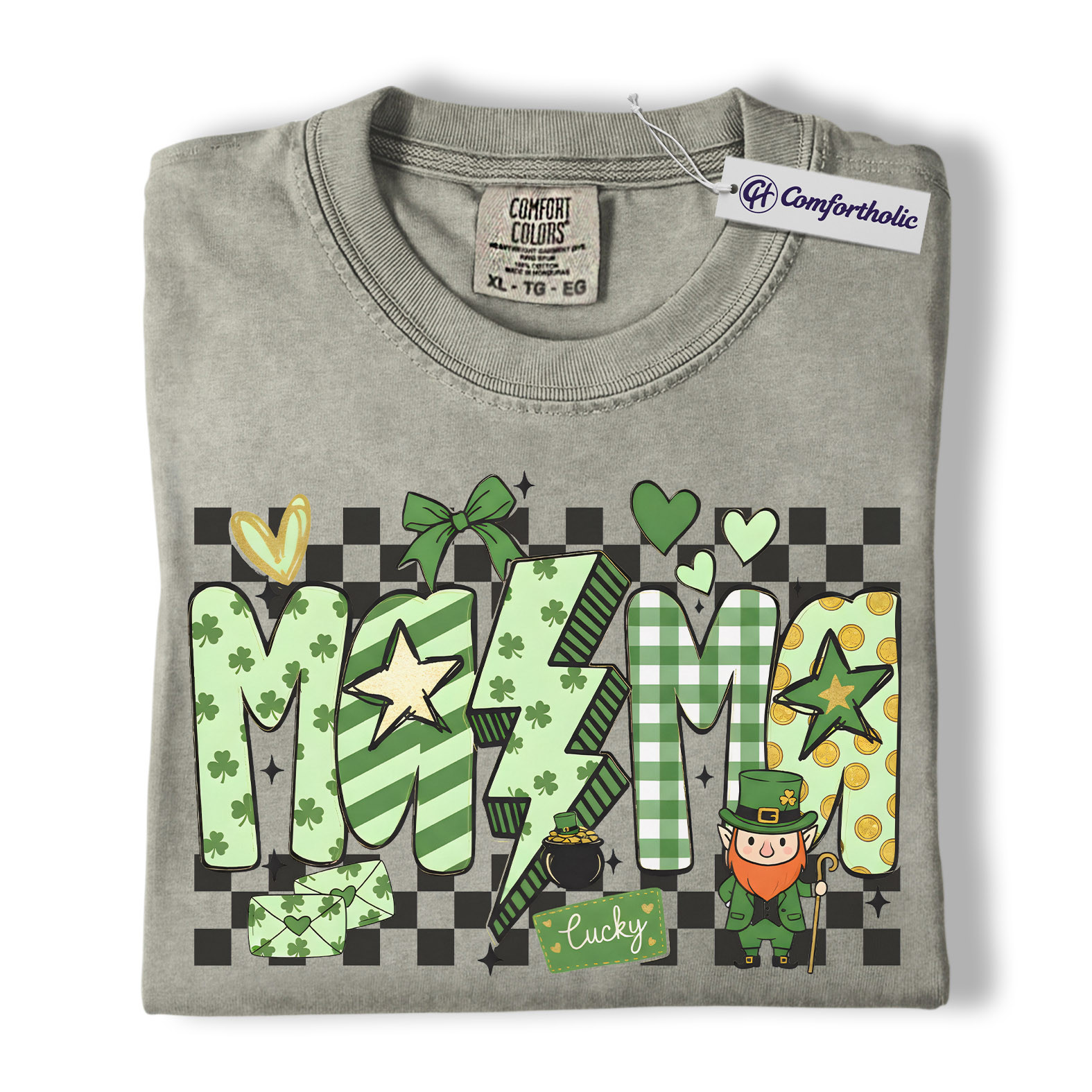 St Patrick’s Day Mama Shirt, Cute Checkered Shamrock Graphic Tee, Lucky Irish Mom T-Shirt, St Paddy’s Day Gift for Mom, Comfort Colors Shirt - Image 6