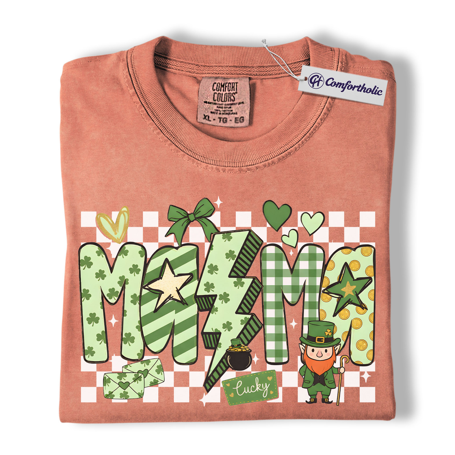 St Patrick’s Day Mama Shirt, Cute Checkered Shamrock Graphic Tee, Lucky Irish Mom T-Shirt, St Paddy’s Day Gift for Mom, Comfort Colors Shirt - Image 7