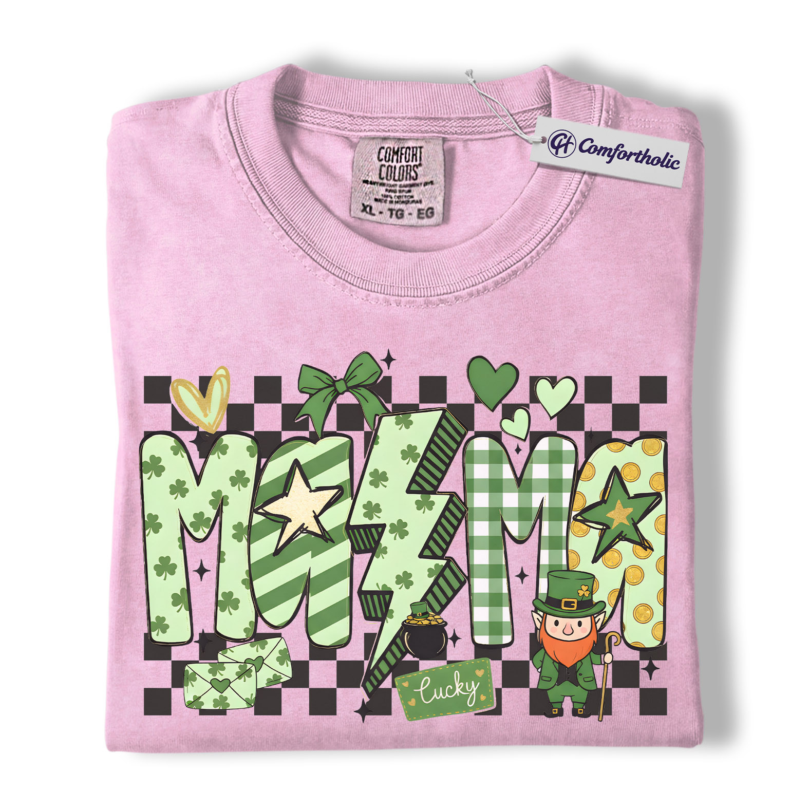 St Patrick’s Day Mama Shirt, Cute Checkered Shamrock Graphic Tee, Lucky Irish Mom T-Shirt, St Paddy’s Day Gift for Mom, Comfort Colors Shirt - Image 8