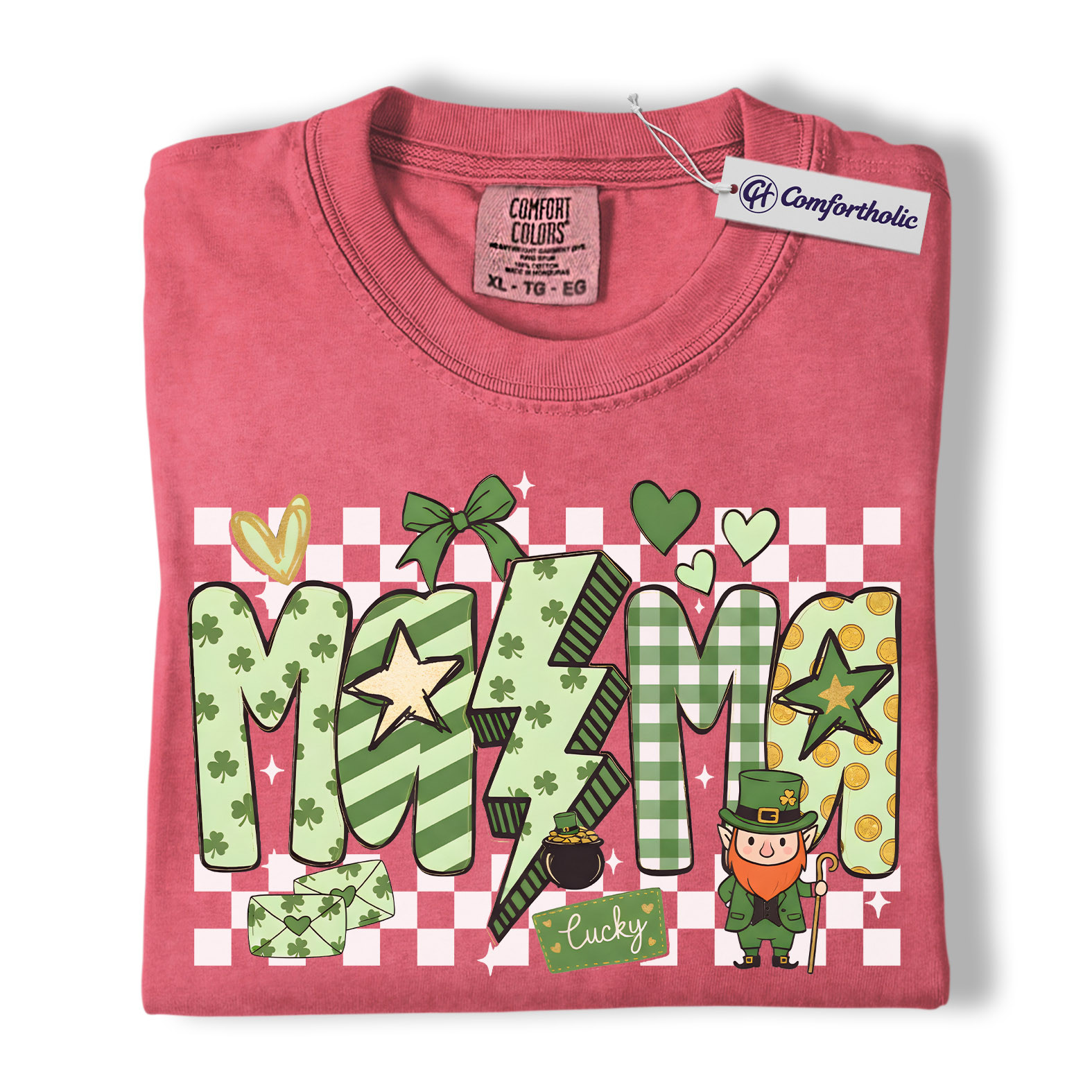 St Patrick’s Day Mama Shirt, Cute Checkered Shamrock Graphic Tee, Lucky Irish Mom T-Shirt, St Paddy’s Day Gift for Mom, Comfort Colors Shirt - Image 9
