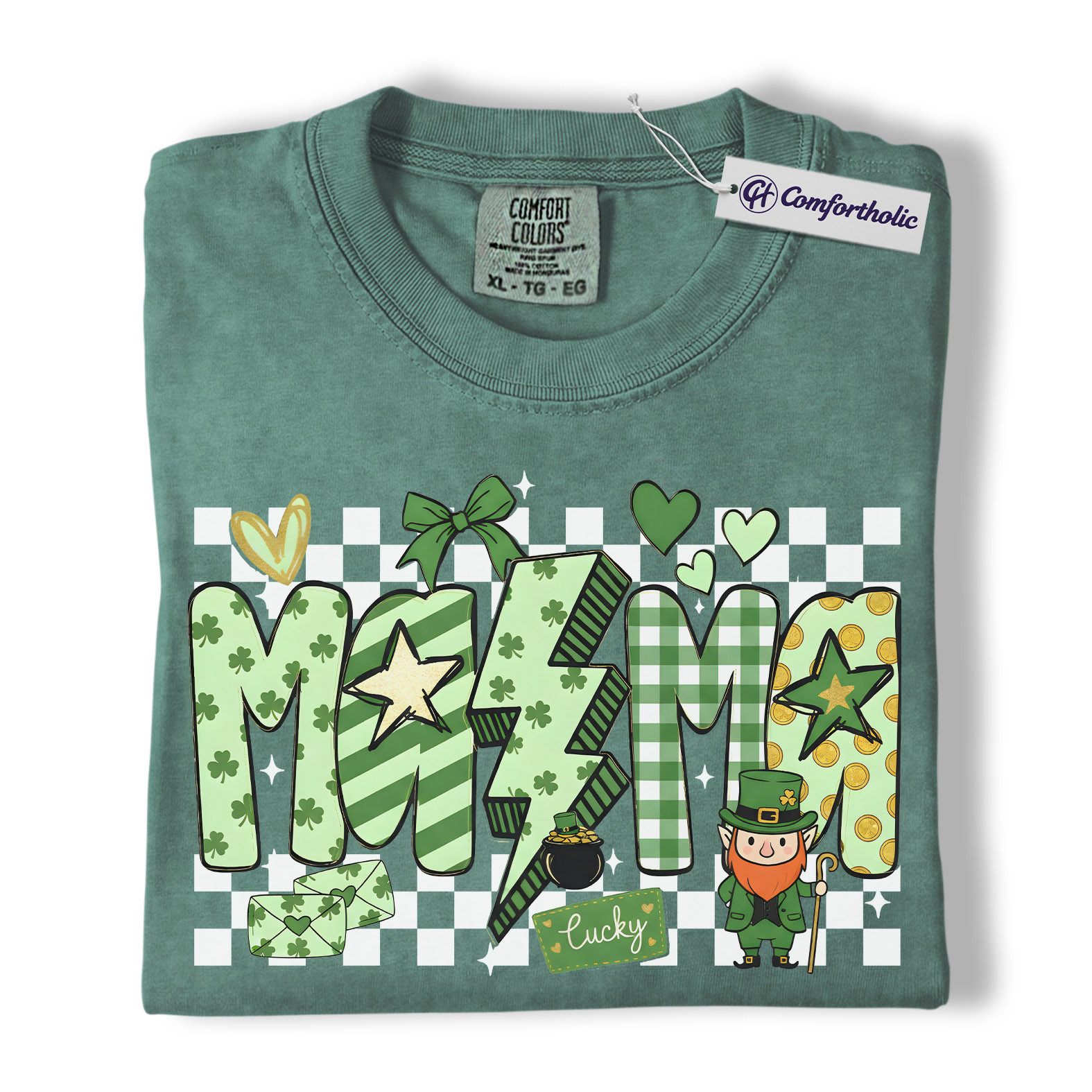 St Patrick’s Day Mama Shirt, Cute Checkered Shamrock Graphic Tee, Lucky Irish Mom T-Shirt, St Paddy’s Day Gift for Mom, Comfort Colors Shirt - Image 10