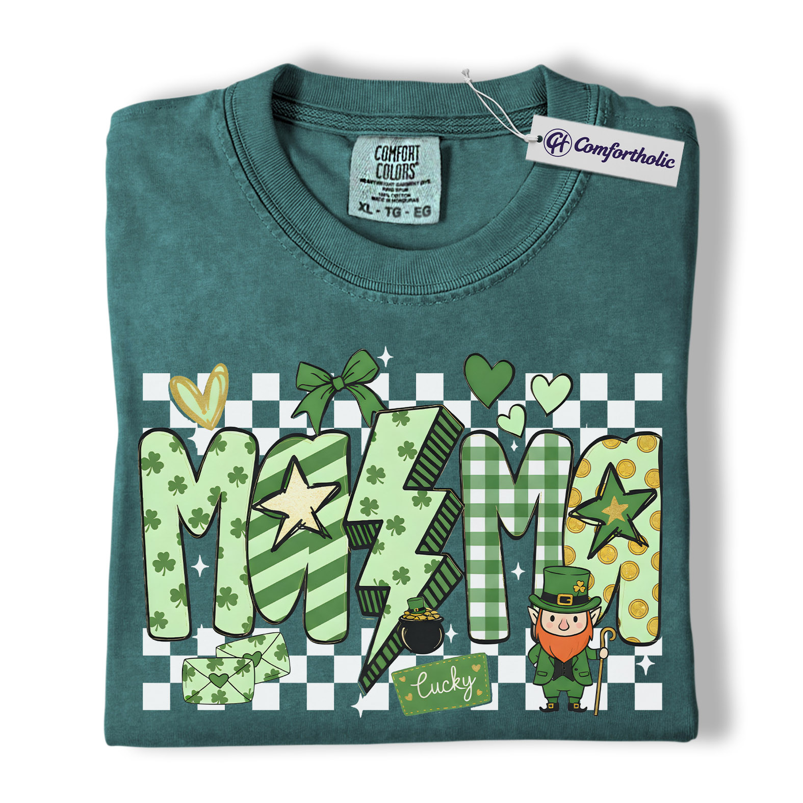 St Patrick’s Day Mama Shirt, Cute Checkered Shamrock Graphic Tee, Lucky Irish Mom T-Shirt, St Paddy’s Day Gift for Mom, Comfort Colors Shirt - Image 11