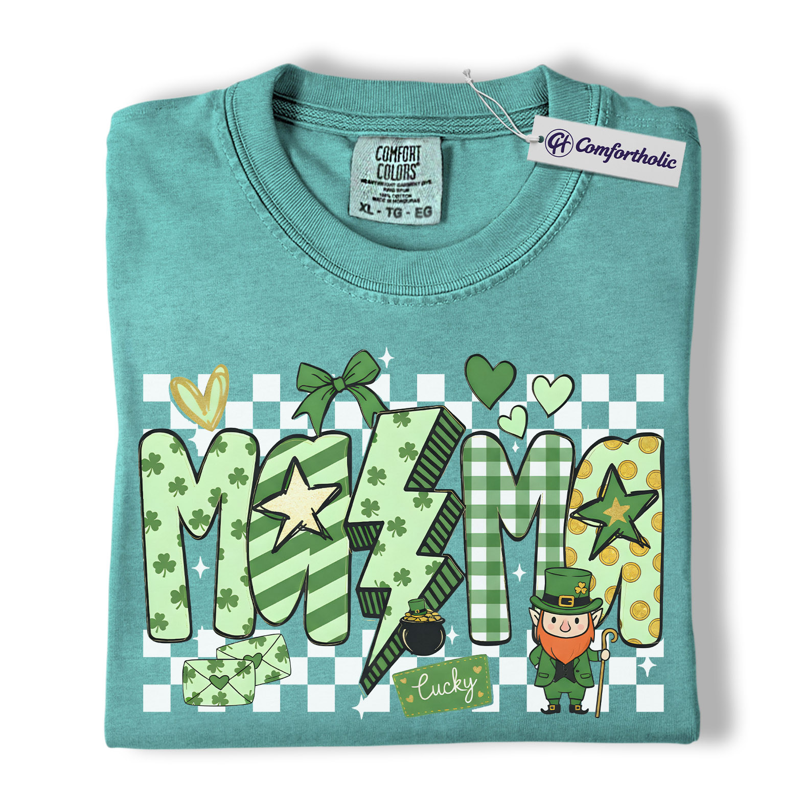 St Patrick’s Day Mama Shirt, Cute Checkered Shamrock Graphic Tee, Lucky Irish Mom T-Shirt, St Paddy’s Day Gift for Mom, Comfort Colors Shirt - Image 13
