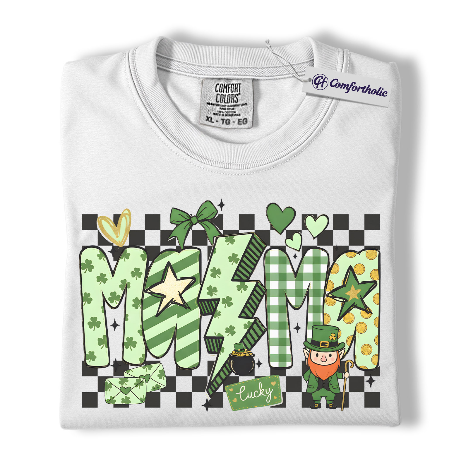St Patrick’s Day Mama Shirt, Cute Checkered Shamrock Graphic Tee, Lucky Irish Mom T-Shirt, St Paddy’s Day Gift for Mom, Comfort Colors Shirt - Image 2