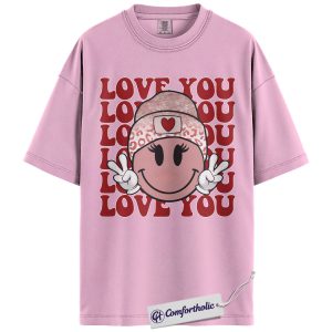 Love You Valentine Shirt, Cute Smiley Heart Graphic Tee, Retro Love Aesthetic T-Shirt, Valentine’s Day Gift for Her, Comfort Colors Shirt