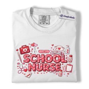 Alternative view of Valentine School Nurse Shirt, Cute Pink Medical Icons Graphic Tee, Nurse Life Heart Aesthetic T-Shirt, Valentine’s Day Gift for Nurses, Comfort Colors Shirt