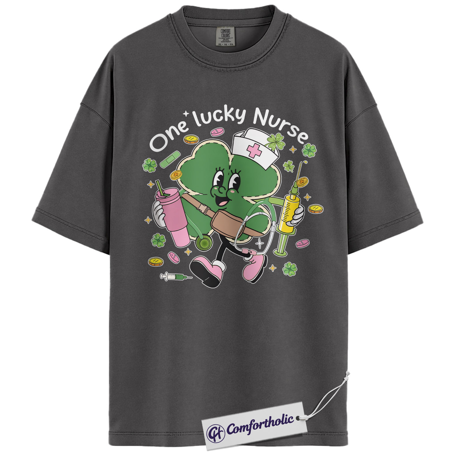St Patrick’s Day Nurse Shirt, Cute Shamrock Nurse Graphic Tee, One Lucky Nurse T-Shirt, Funny St Paddy’s Gift for Nurses, Comfort Colors Shirt - Image 4