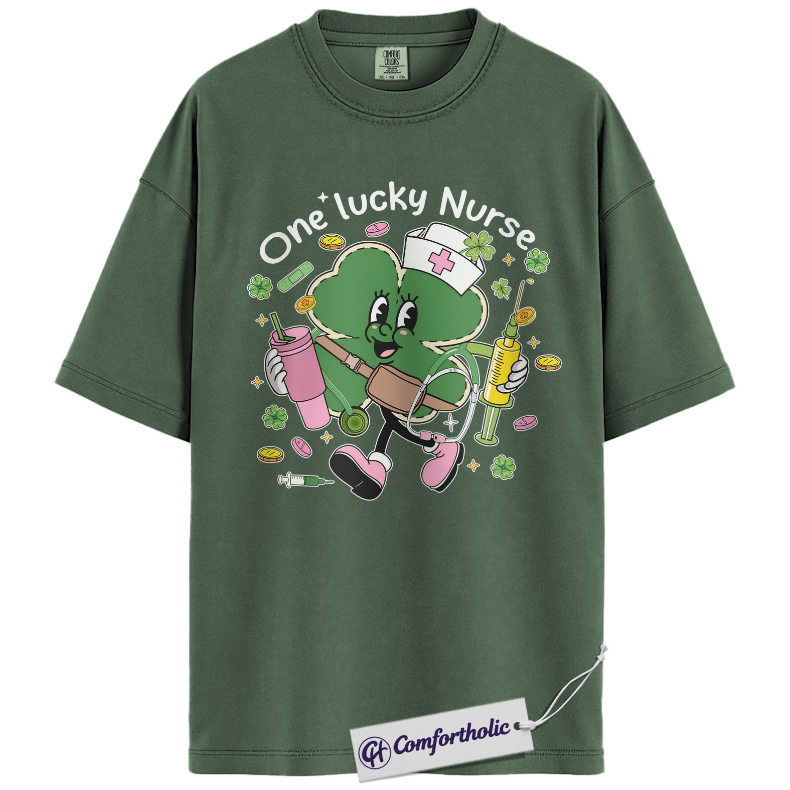 St Patrick’s Day Nurse Shirt, Cute Shamrock Nurse Graphic Tee, One Lucky Nurse T-Shirt, Funny St Paddy’s Gift for Nurses, Comfort Colors Shirt - Image 5