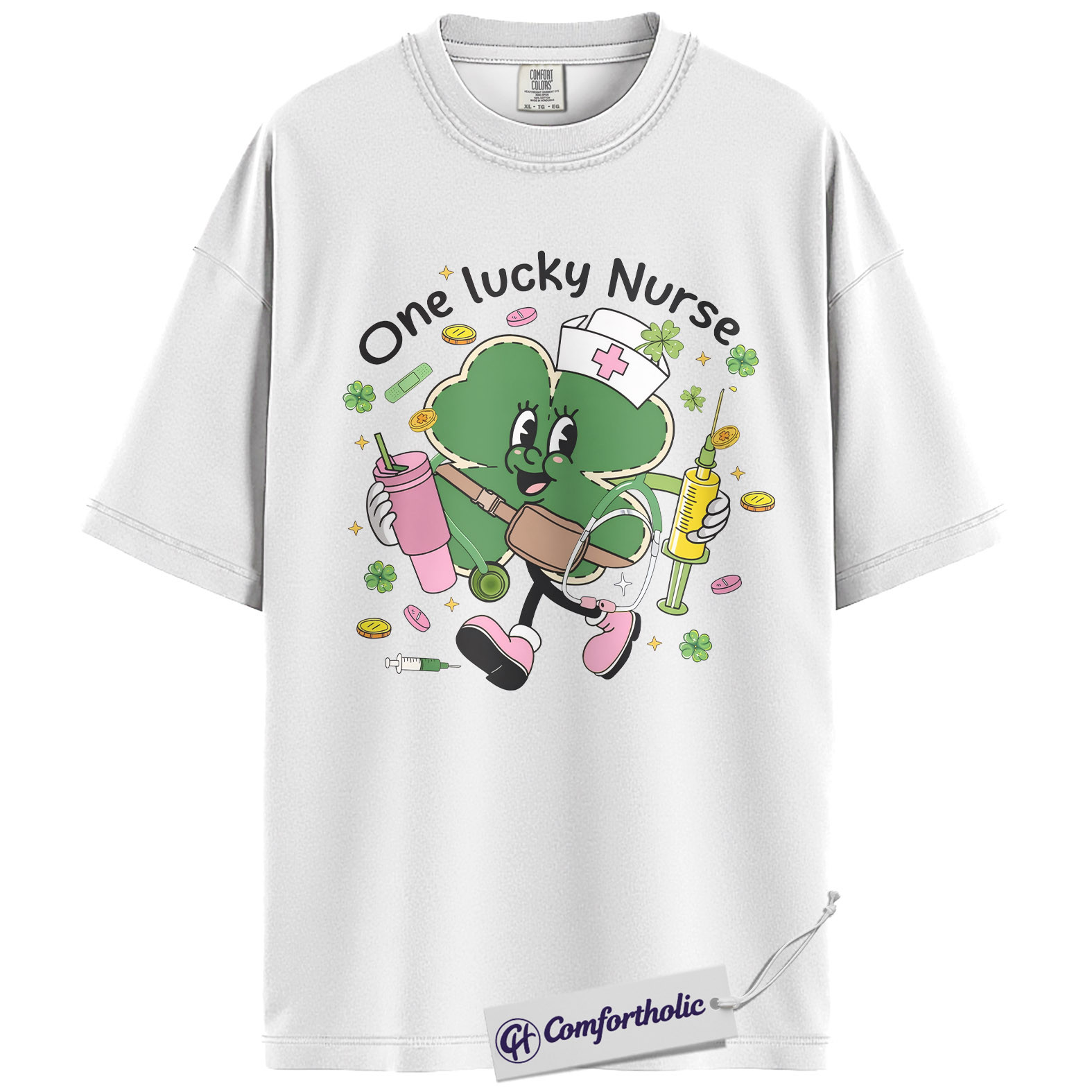 St Patrick’s Day Nurse Shirt, Cute Shamrock Nurse Graphic Tee, One Lucky Nurse T-Shirt, Funny St Paddy’s Gift for Nurses, Comfort Colors Shirt - Image 2