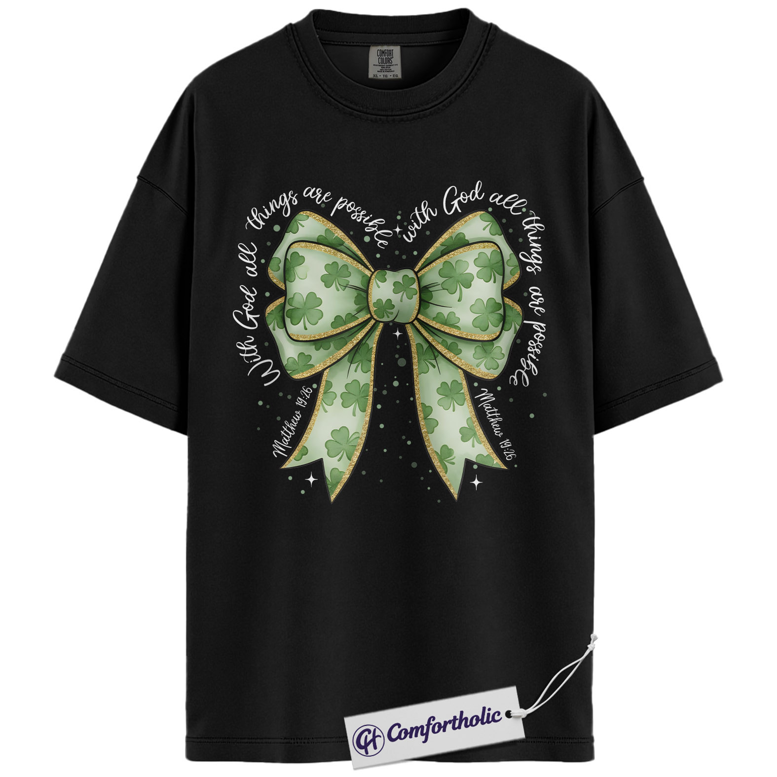 Christian Shamrock Bow Shirt, St Patrick’s Day Faith Graphic Tee, Matthew 19:26 Bible Verse T-Shirt, Irish Christian Gift for Women, Comfort Colors Shirt - Image 3