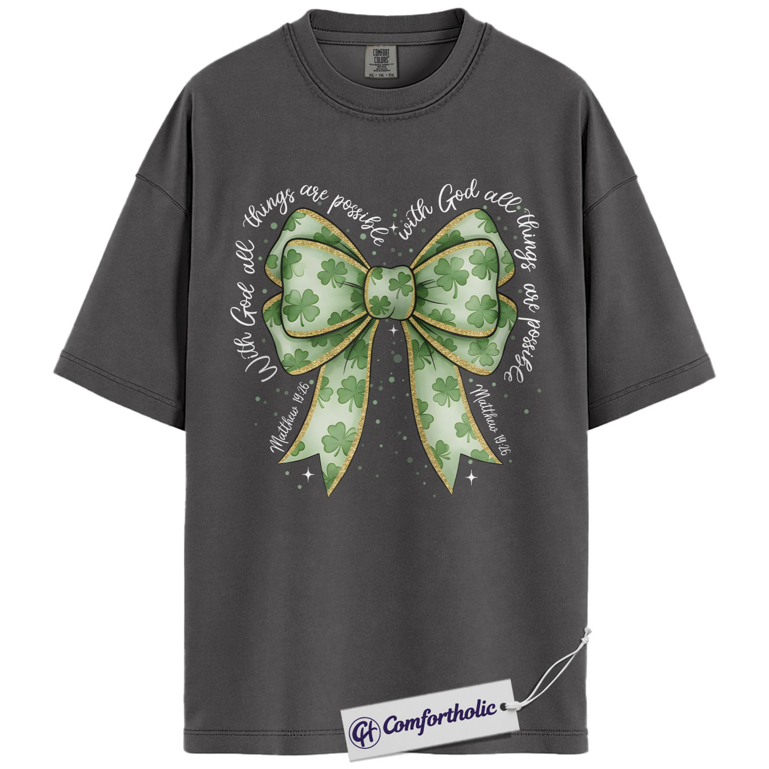 Christian Shamrock Bow Shirt, St Patrick’s Day Faith Graphic Tee, Matthew 19:26 Bible Verse T-Shirt, Irish Christian Gift for Women, Comfort Colors Shirt - Image 4