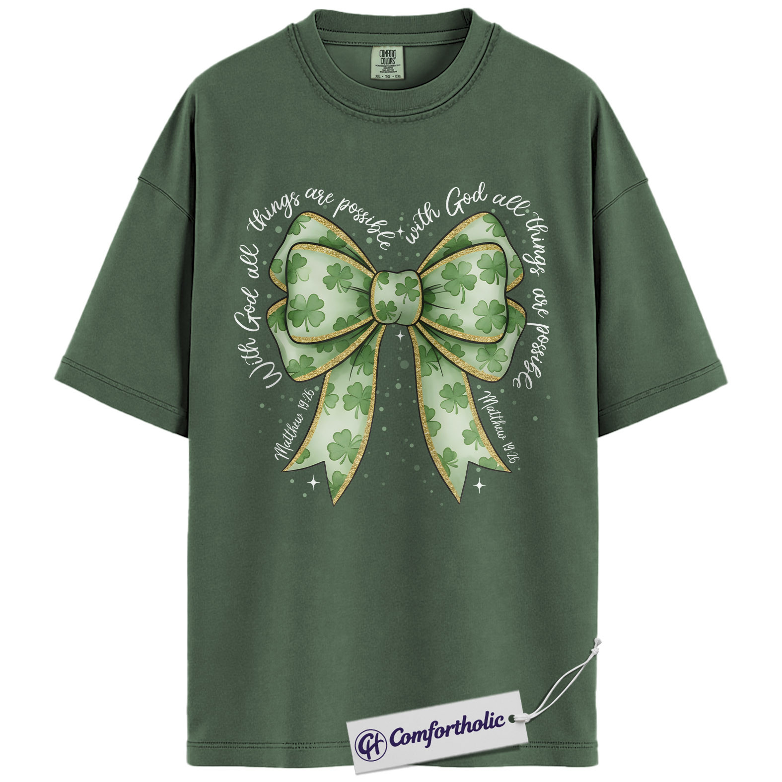Christian Shamrock Bow Shirt, St Patrick’s Day Faith Graphic Tee, Matthew 19:26 Bible Verse T-Shirt, Irish Christian Gift for Women, Comfort Colors Shirt - Image 5
