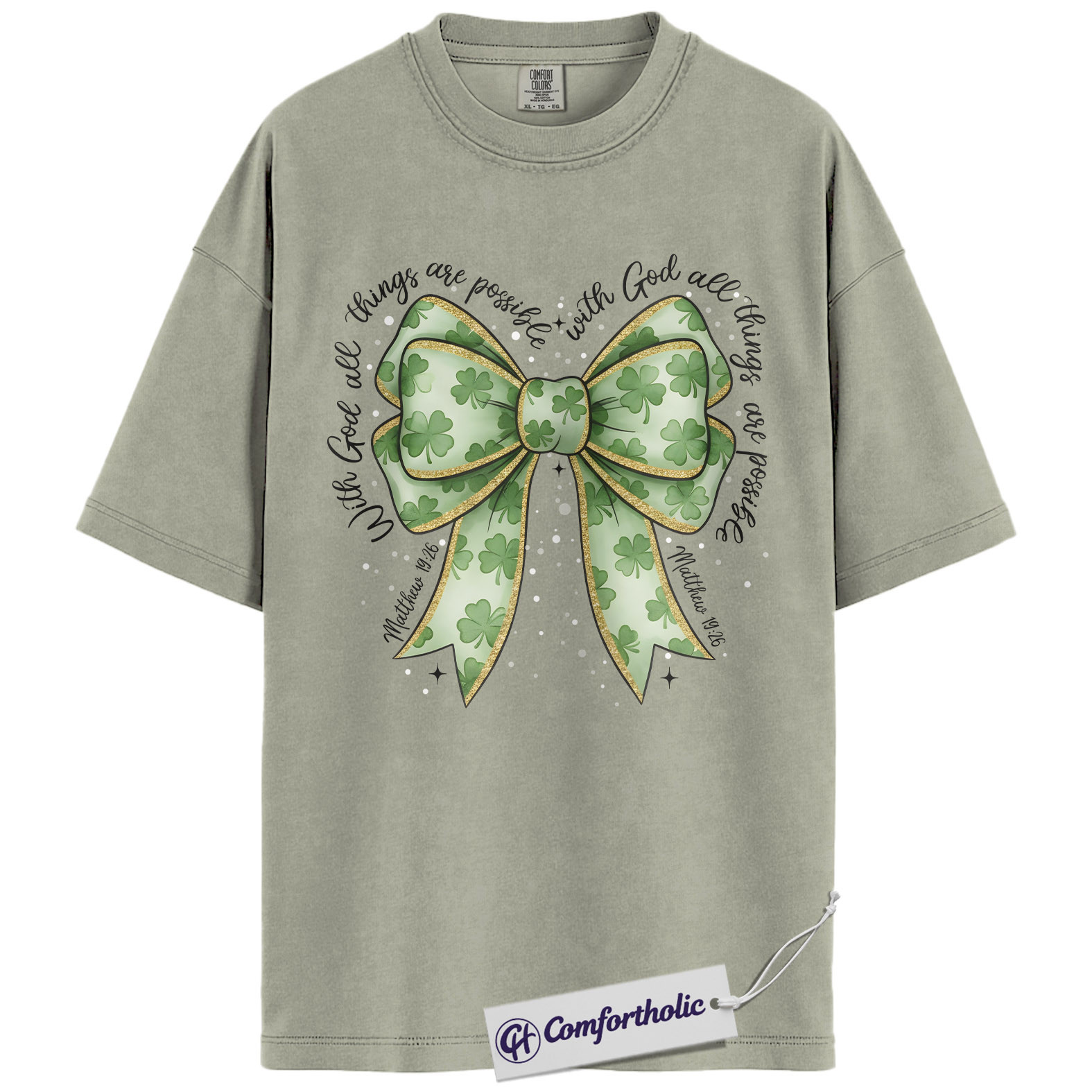Christian Shamrock Bow Shirt, St Patrick’s Day Faith Graphic Tee, Matthew 19:26 Bible Verse T-Shirt, Irish Christian Gift for Women, Comfort Colors Shirt - Image 6