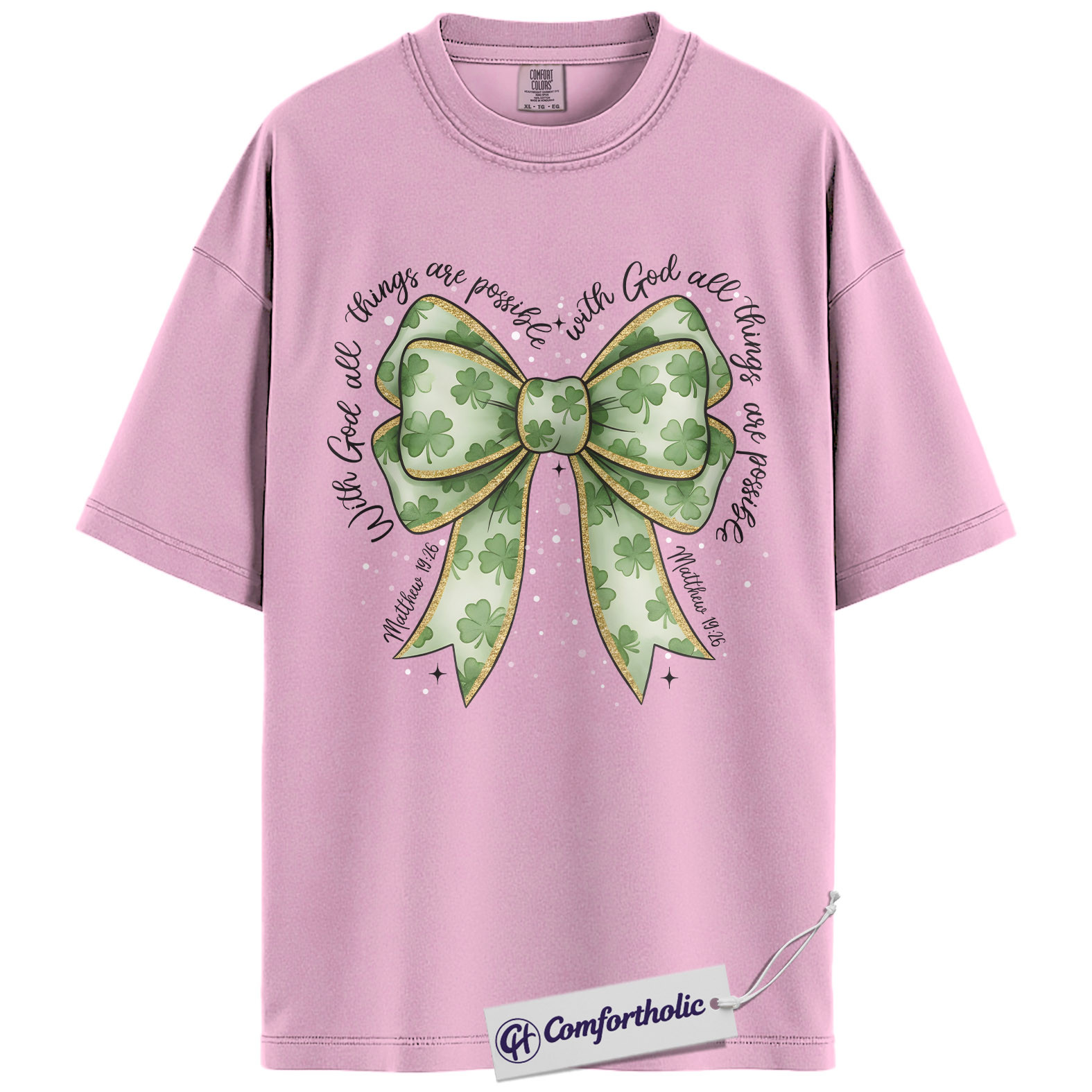 Christian Shamrock Bow Shirt, St Patrick’s Day Faith Graphic Tee, Matthew 19:26 Bible Verse T-Shirt, Irish Christian Gift for Women, Comfort Colors Shirt - Image 8