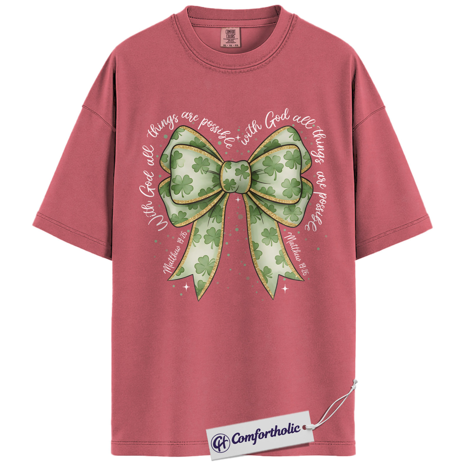 Christian Shamrock Bow Shirt, St Patrick’s Day Faith Graphic Tee, Matthew 19:26 Bible Verse T-Shirt, Irish Christian Gift for Women, Comfort Colors Shirt - Image 9