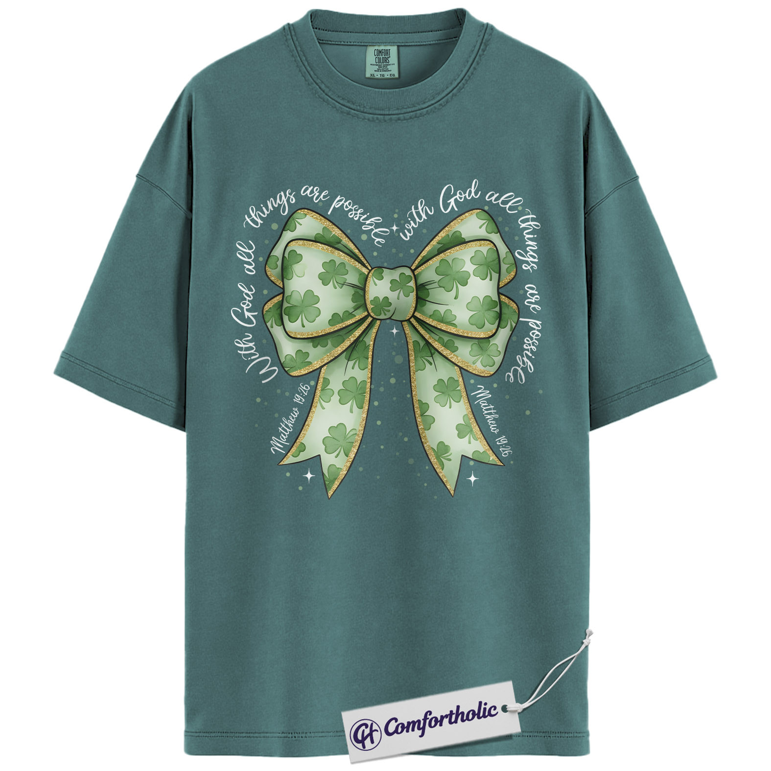 Christian Shamrock Bow Shirt, St Patrick’s Day Faith Graphic Tee, Matthew 19:26 Bible Verse T-Shirt, Irish Christian Gift for Women, Comfort Colors Shirt - Image 11