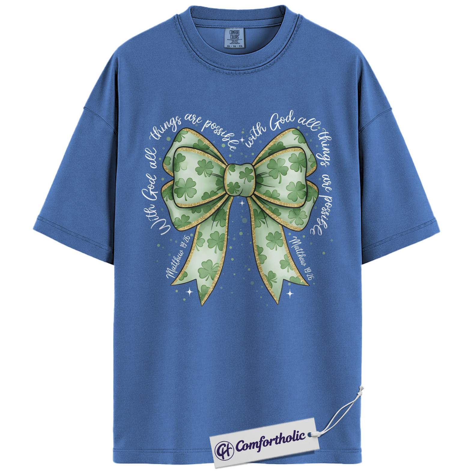 Christian Shamrock Bow Shirt, St Patrick’s Day Faith Graphic Tee, Matthew 19:26 Bible Verse T-Shirt, Irish Christian Gift for Women, Comfort Colors Shirt - Image 12