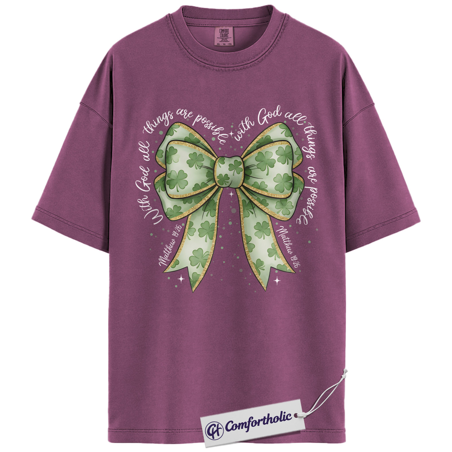 Christian Shamrock Bow Shirt, St Patrick’s Day Faith Graphic Tee, Matthew 19:26 Bible Verse T-Shirt, Irish Christian Gift for Women, Comfort Colors Shirt - Image 15