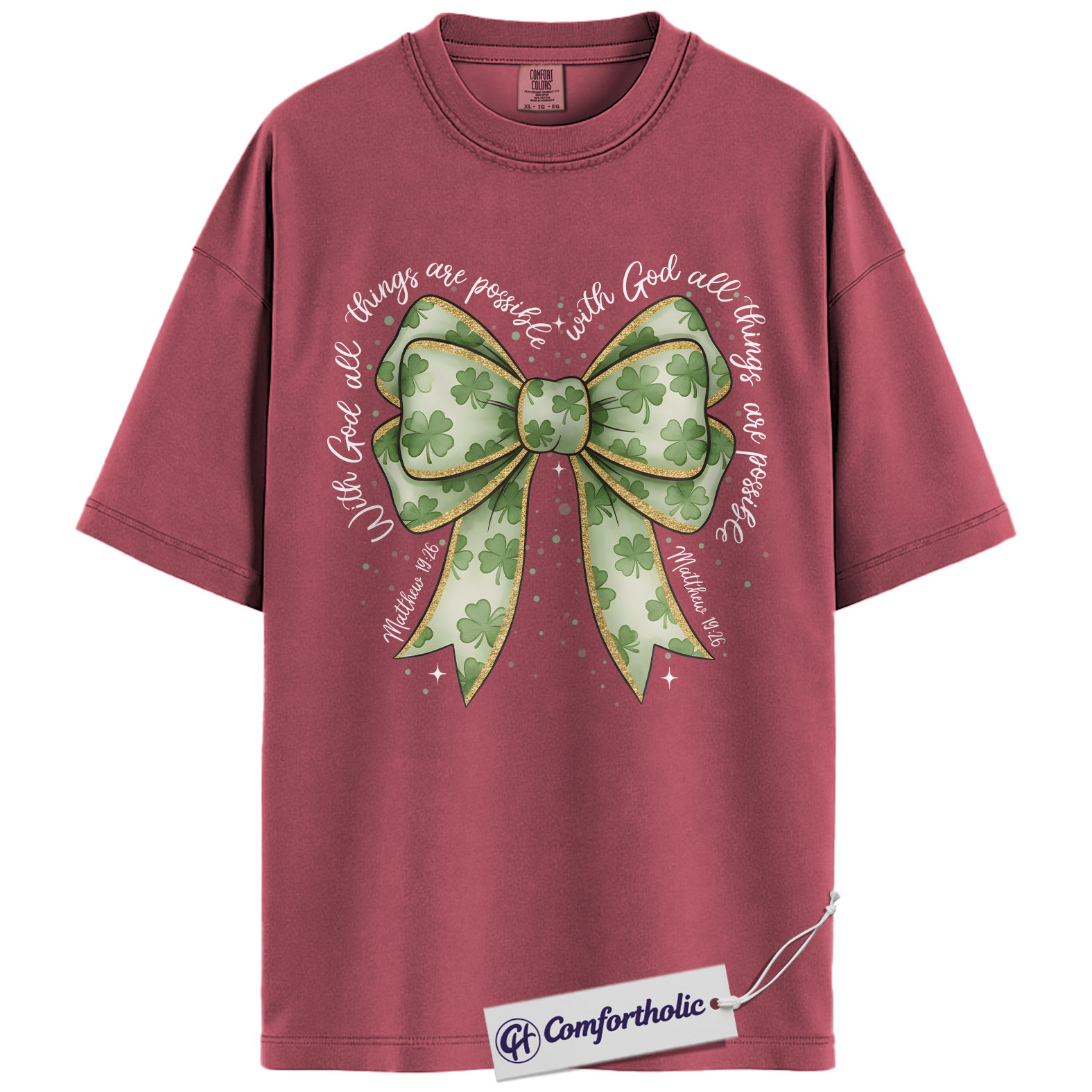 Christian Shamrock Bow Shirt, St Patrick’s Day Faith Graphic Tee, Matthew 19:26 Bible Verse T-Shirt, Irish Christian Gift for Women, Comfort Colors Shirt - Image 18