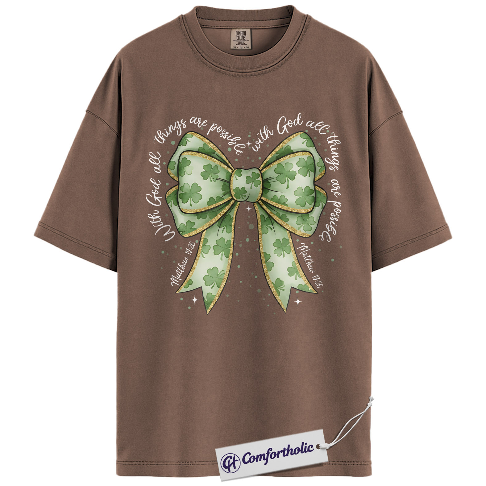 Christian Shamrock Bow Shirt, St Patrick’s Day Faith Graphic Tee, Matthew 19:26 Bible Verse T-Shirt, Irish Christian Gift for Women, Comfort Colors Shirt - Image 19
