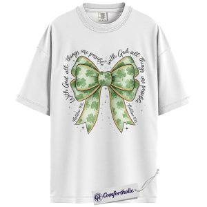 Alternative view of Christian Shamrock Bow Shirt, St Patrick’s Day Faith Graphic Tee, Matthew 19:26 Bible Verse T-Shirt, Irish Christian Gift for Women, Comfort Colors Shirt