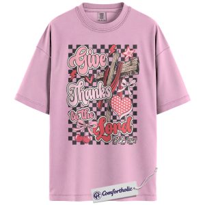 Give Thanks to the Lord Shirt, Coquette Christian Cross Graphic Tee, Psalm 136:1 Bible Verse T-Shirt, Faith Valentine Gift for Women, Comfort Colors Shirt