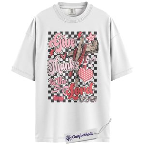 Alternative view of Give Thanks to the Lord Shirt, Coquette Christian Cross Graphic Tee, Psalm 136:1 Bible Verse T-Shirt, Faith Valentine Gift for Women, Comfort Colors Shirt