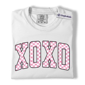 Alternative view of XOXO Valentine Shirt, Pink Checkered Varsity Graphic Tee, Cute Love Message T-Shirt, Valentine’s Day Gift for Her, Comfort Colors Shirt