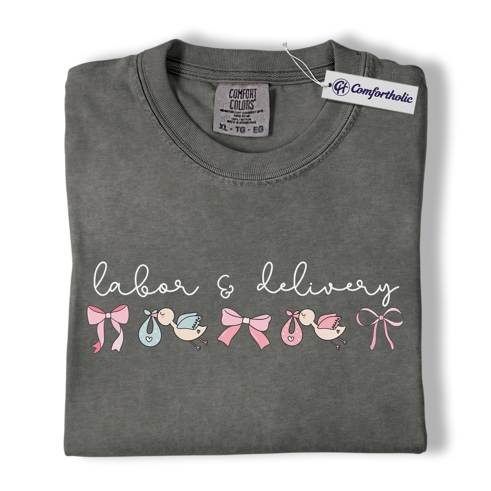 Labor & Delivery Nurse Shirt, Cute Stork Baby Bow Graphic Tee, L&D OB RN T-Shirt, Gift for Labor and Delivery Nurses, Comfort Colors Shirt - Image 4