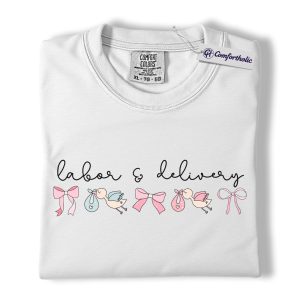 Alternative view of Labor & Delivery Nurse Shirt, Cute Stork Baby Bow Graphic Tee, L&D OB RN T-Shirt, Gift for Labor and Delivery Nurses, Comfort Colors Shirt