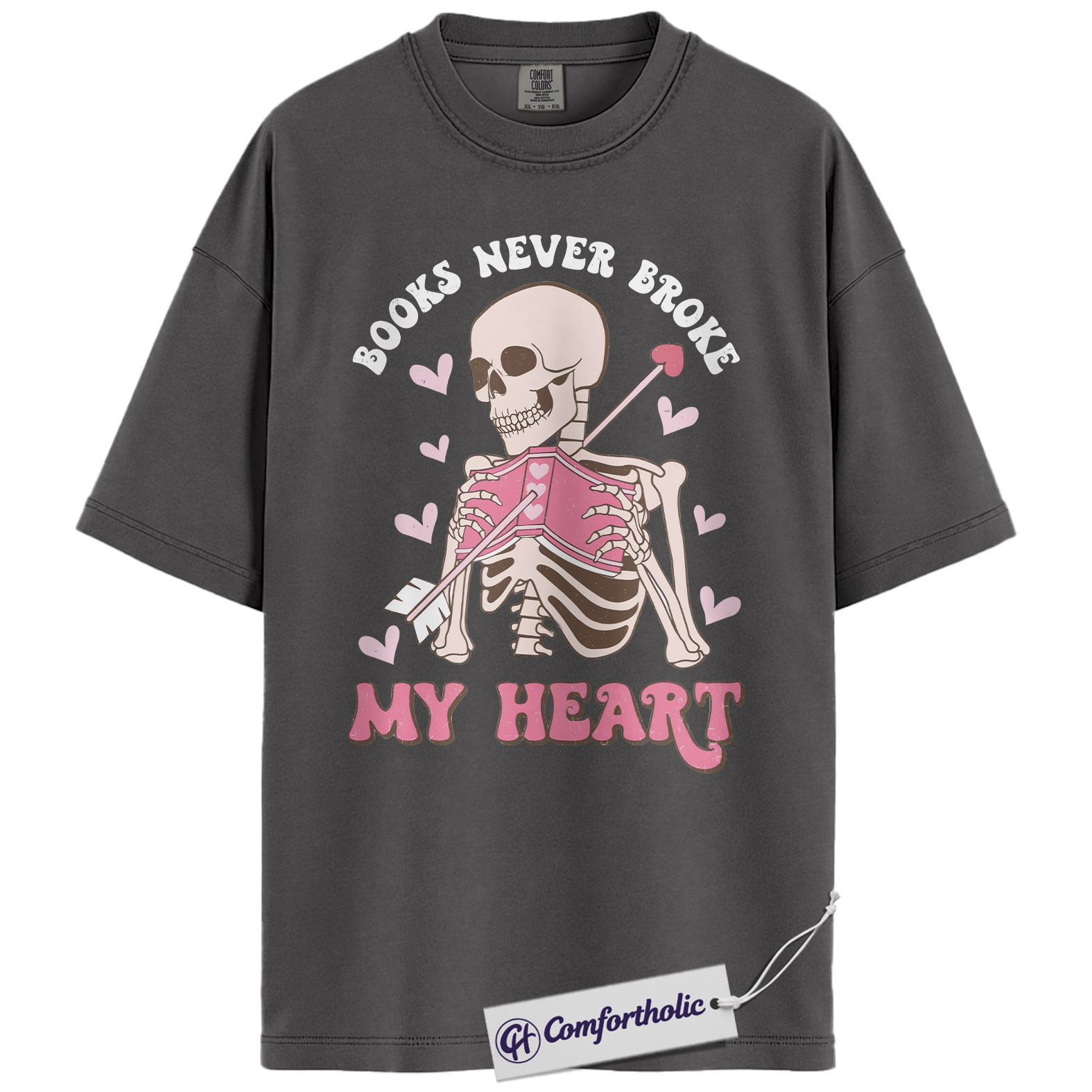 Books Never Broke My Heart Shirt, Cute Skeleton Valentine Graphic Tee, Booktok Reader T-Shirt, Funny Valentine Gift for Book Lovers, Comfort Colors Shirt - Image 3