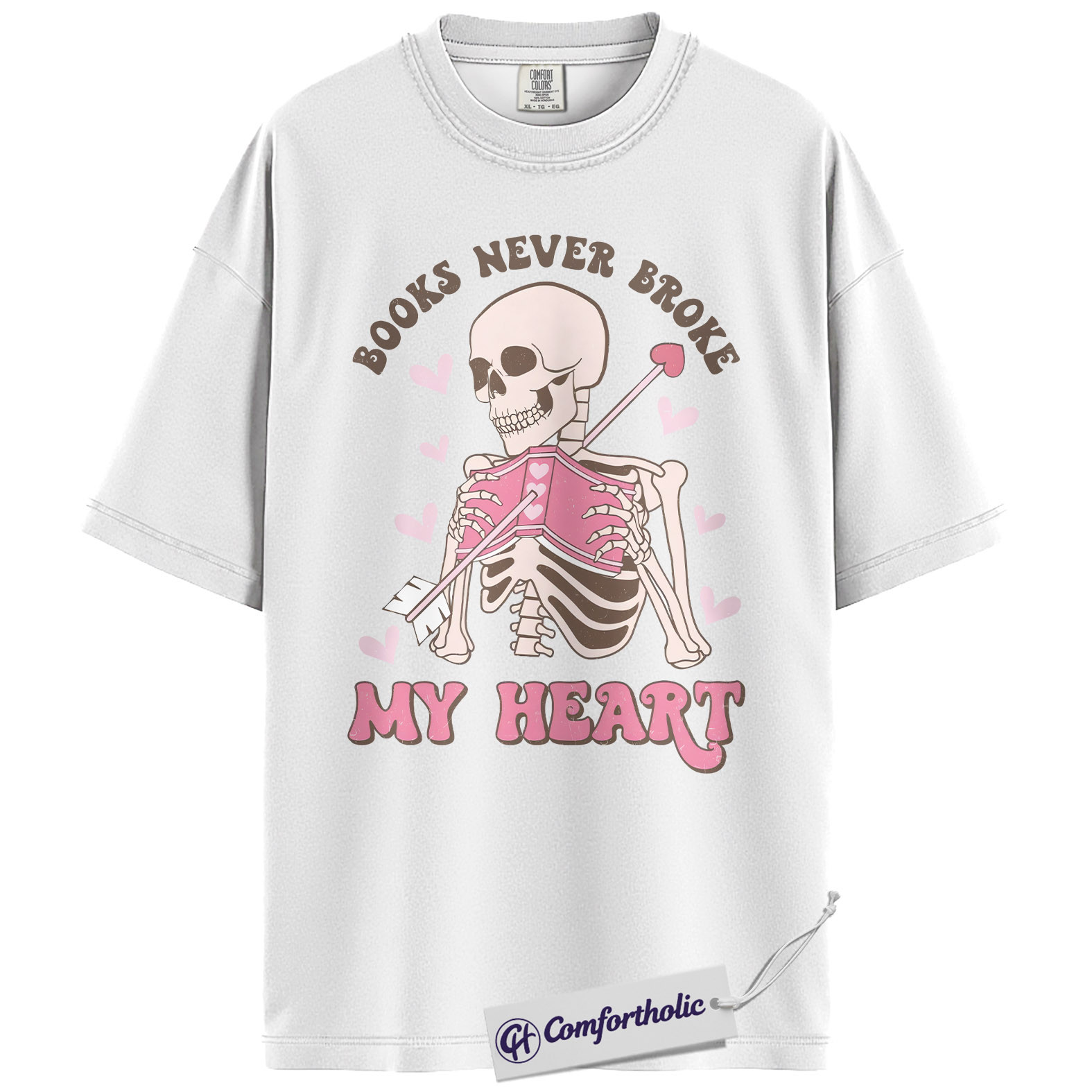 Books Never Broke My Heart Shirt, Cute Skeleton Valentine Graphic Tee, Booktok Reader T-Shirt, Funny Valentine Gift for Book Lovers, Comfort Colors Shirt - Image 2