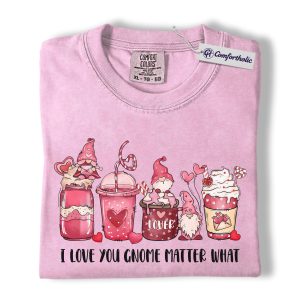 Valentine Coffee Lover Shirt, Cute Gnome Drink Graphic Tee, I Love You Gnome T-Shirt, Funny Valentine’s Day Gift for Coffee Lovers, Comfort Colors Shirt