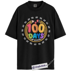 100 Days of School Shirt, Colorful Badge Teacher Graphic Tee, 100th Day of School T-Shirt for Teachers, Cute Classroom Celebration Gift, Comfort Colors Shirt