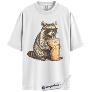 Alternative view of Raccoon Shirt, Cool Raccoon Drinking Iced Coffee Graphic Tee, Funny Raccoon Lover T-Shirt for Women, Cute Gift for Animal Lovers, Comfort Colors Shirt