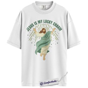 Alternative view of Jesus Is My Lucky Charm Shirt, St Patrick's Day Jesus Graphic Tee, Christian Faith T-Shirt for Women, Cute Irish Green Gift, Comfort Colors Shirt