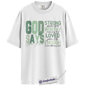 Alternative view of St Patrick's Day Christian Shirt, God Says You Are Strong Worthy Loved Enough Bible Verse Graphic Tee, Faith T-Shirt for Christian Women, Lucky Shamrock Outfit Gift, Comfort Colors Shirt